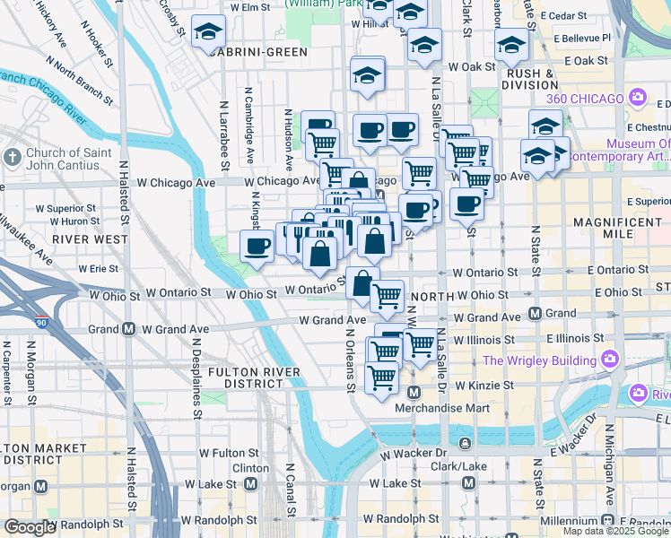 map of restaurants, bars, coffee shops, grocery stores, and more near 634 North Orleans Street in Chicago