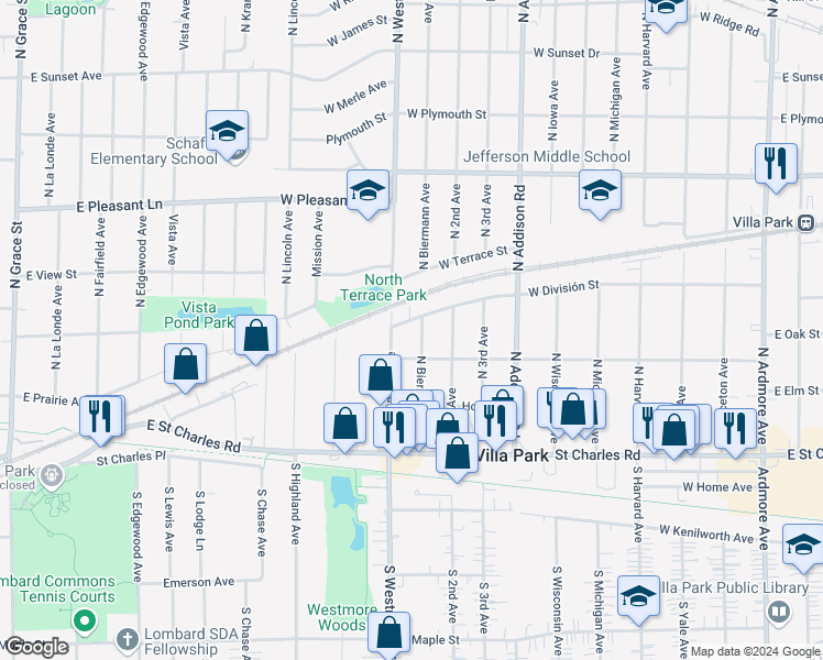 map of restaurants, bars, coffee shops, grocery stores, and more near 222 North Biermann Avenue in Villa Park
