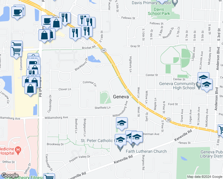 map of restaurants, bars, coffee shops, grocery stores, and more near 320 Brittany Court in Geneva