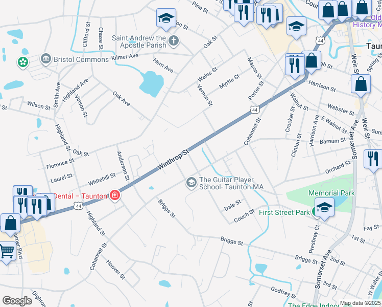 map of restaurants, bars, coffee shops, grocery stores, and more near 164 Winthrop Street in Taunton