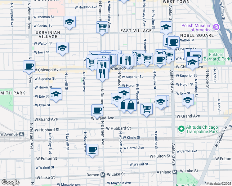 map of restaurants, bars, coffee shops, grocery stores, and more near 1910 West Erie Street in Chicago
