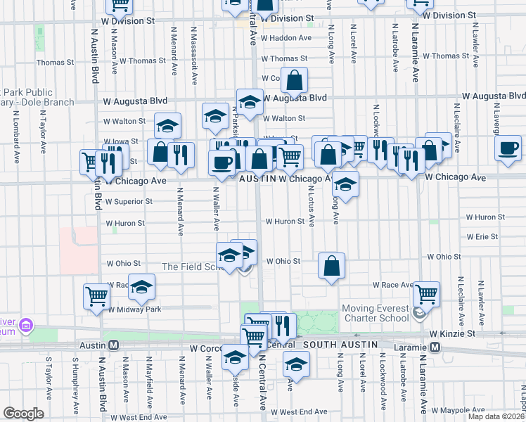 map of restaurants, bars, coffee shops, grocery stores, and more near 715 North Central Avenue in Chicago