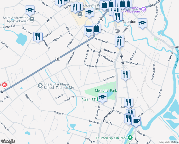 map of restaurants, bars, coffee shops, grocery stores, and more near 34 Clinton Street in Taunton