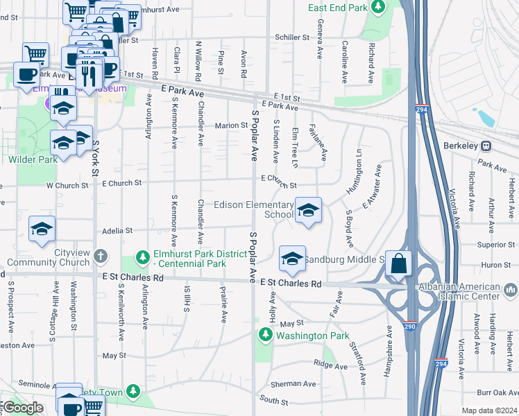 map of restaurants, bars, coffee shops, grocery stores, and more near 241 South Poplar Avenue in Elmhurst