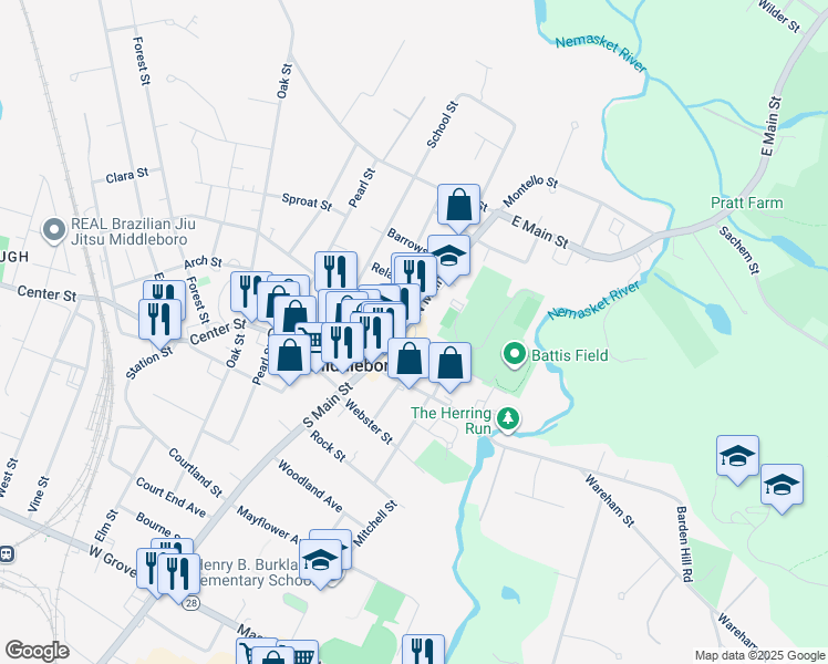 map of restaurants, bars, coffee shops, grocery stores, and more near 102 North Main Street in Middleborough