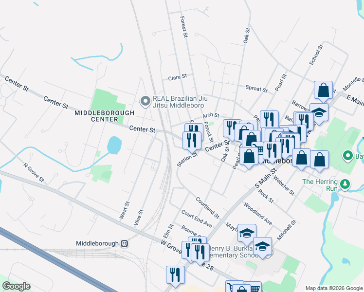 map of restaurants, bars, coffee shops, grocery stores, and more near 554 Center Street in Middleborough