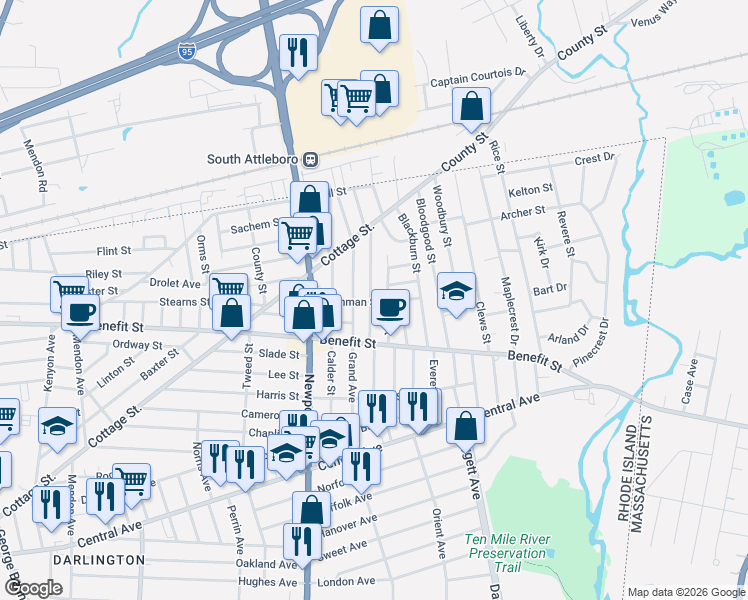 map of restaurants, bars, coffee shops, grocery stores, and more near 60 Cushman Street in Pawtucket
