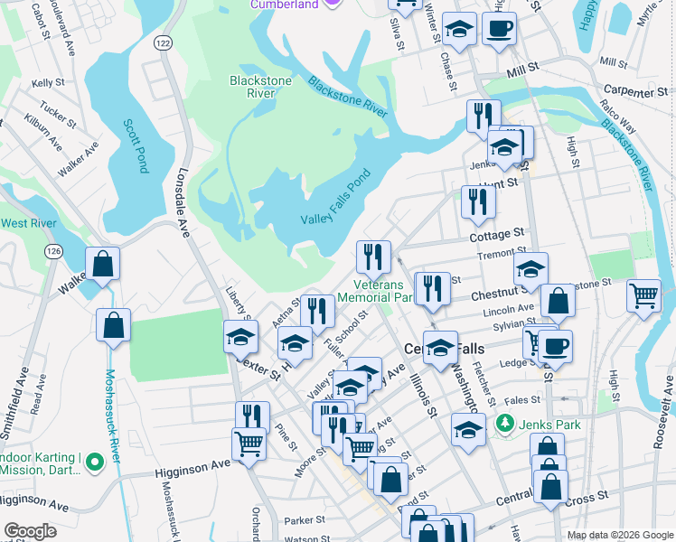 map of restaurants, bars, coffee shops, grocery stores, and more near 145 Shawmut Avenue in Central Falls