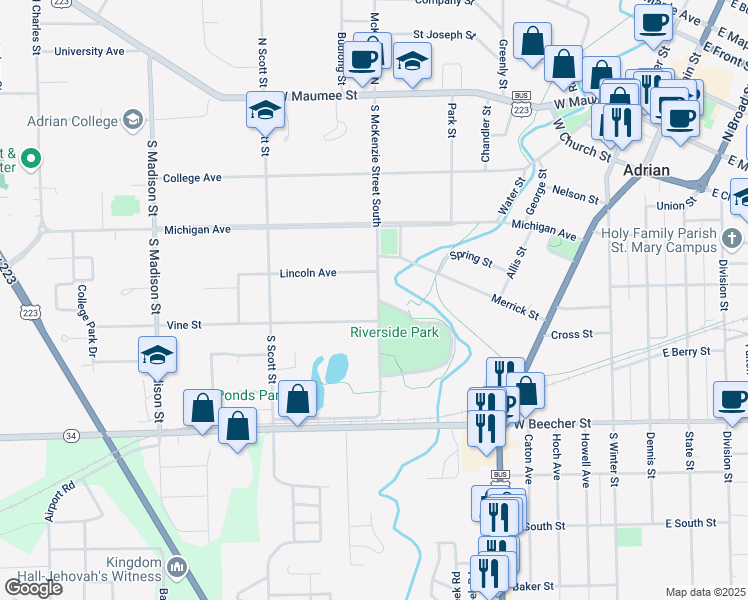 map of restaurants, bars, coffee shops, grocery stores, and more near 416 South McKenzie Street South in Adrian