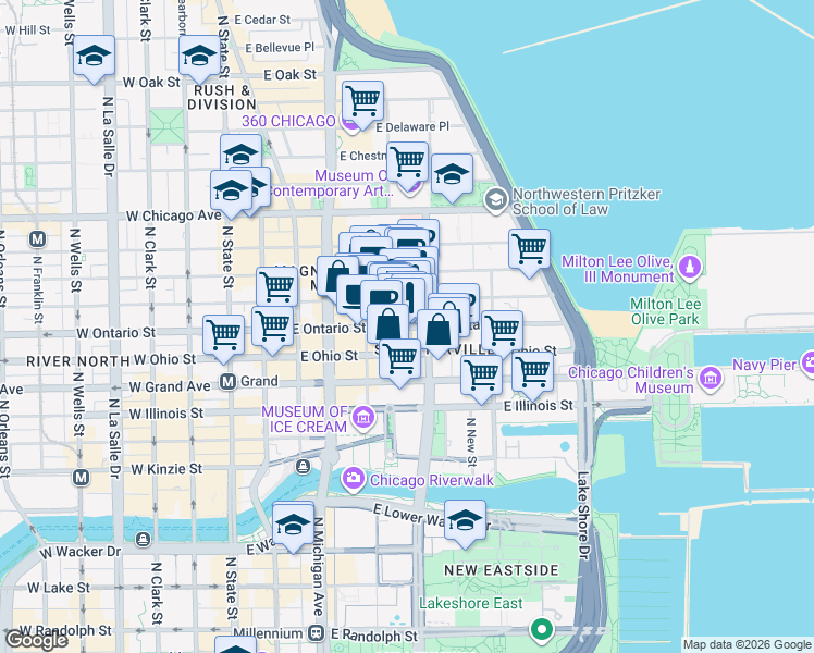 map of restaurants, bars, coffee shops, grocery stores, and more near 240 East Ontario Street in Chicago