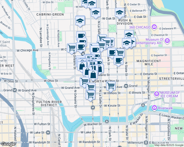 map of restaurants, bars, coffee shops, grocery stores, and more near 634 North Wells Street in Chicago