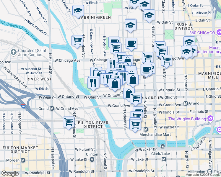 map of restaurants, bars, coffee shops, grocery stores, and more near 416 West Ontario Street in Chicago