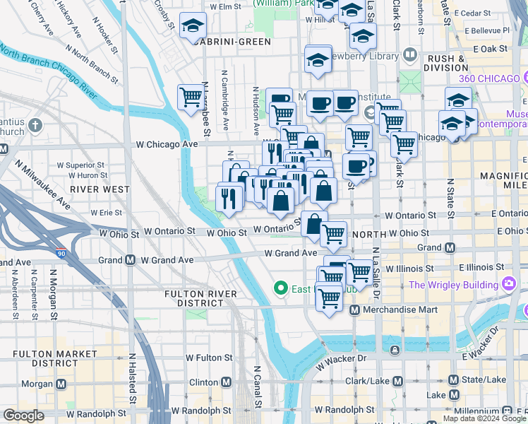 map of restaurants, bars, coffee shops, grocery stores, and more near 416 West Ontario Street in Chicago
