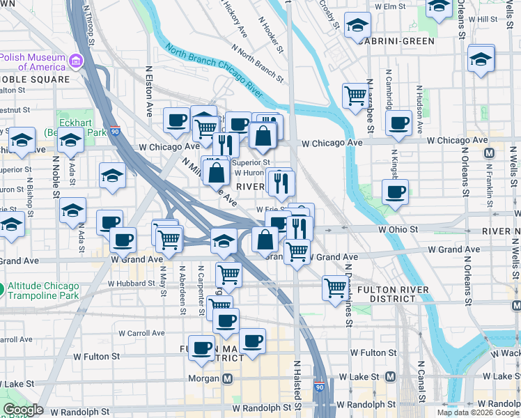 map of restaurants, bars, coffee shops, grocery stores, and more near 848 West Erie Street in Chicago