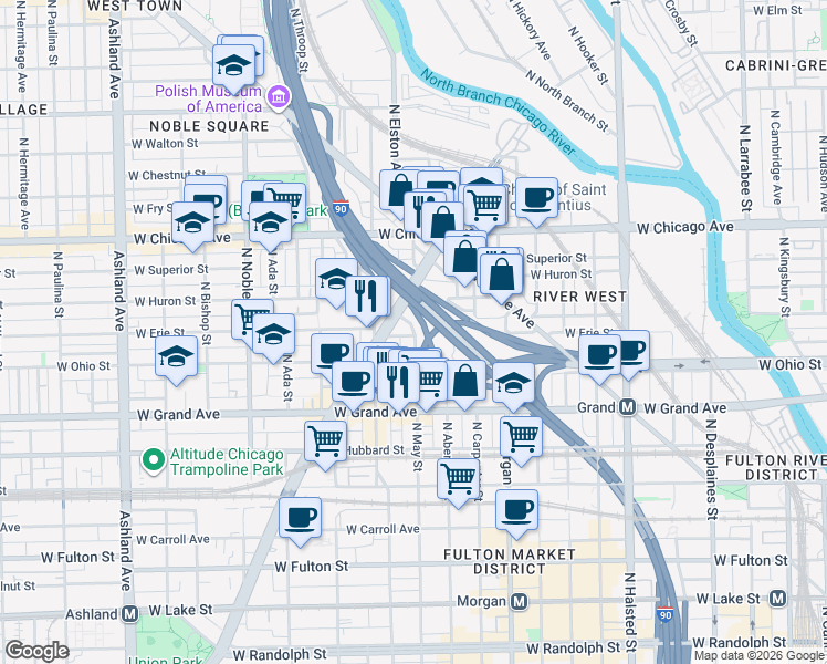 map of restaurants, bars, coffee shops, grocery stores, and more near 1120 West Erie Street in Chicago