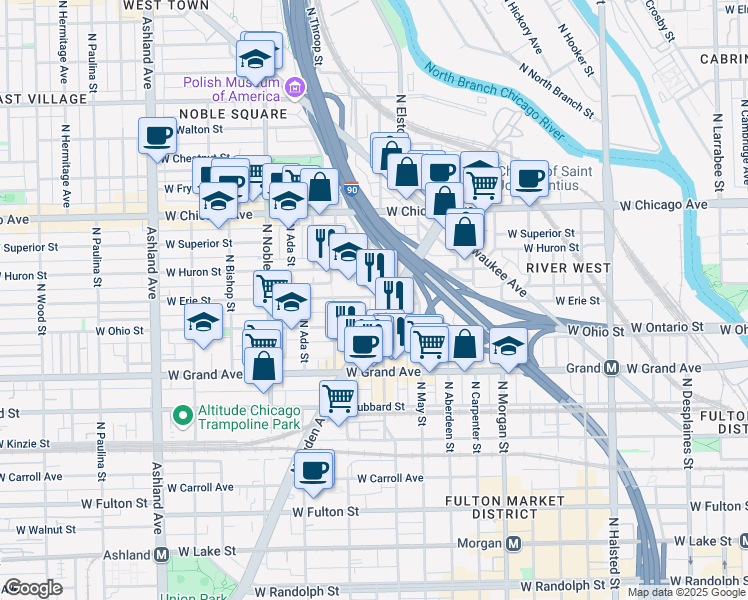 map of restaurants, bars, coffee shops, grocery stores, and more near 1227 West Erie Street in Chicago