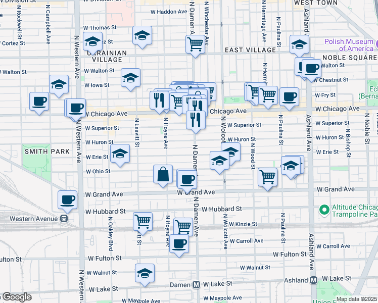 map of restaurants, bars, coffee shops, grocery stores, and more near 2024 West Erie Street in Chicago