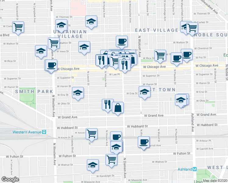 map of restaurants, bars, coffee shops, grocery stores, and more near 2026 West Erie Street in Chicago