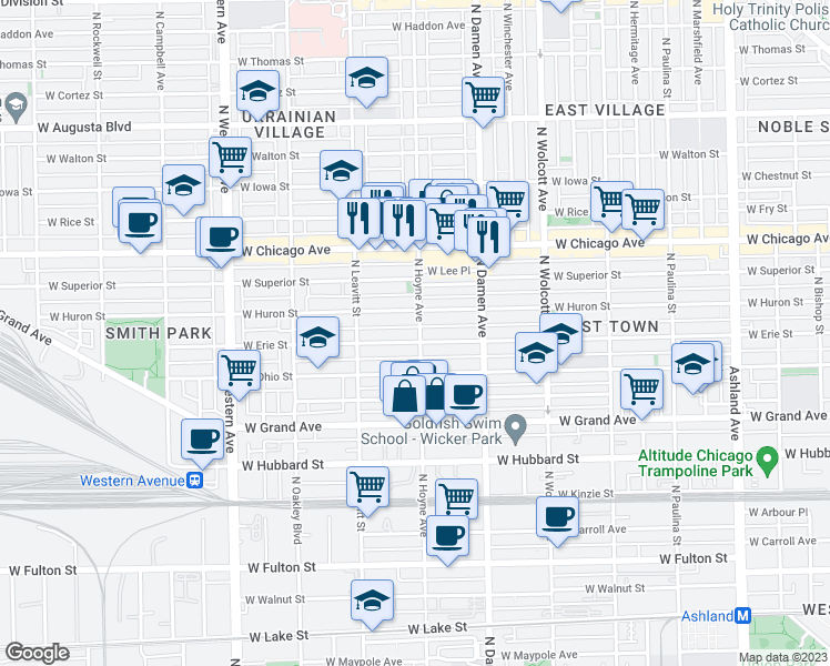 map of restaurants, bars, coffee shops, grocery stores, and more near 643 North Hoyne Avenue in Chicago