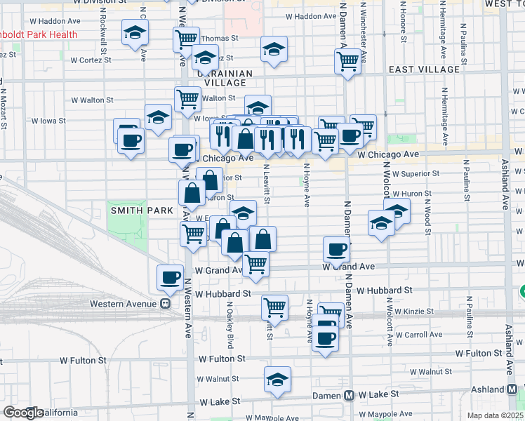 map of restaurants, bars, coffee shops, grocery stores, and more near 2210 West Erie Street in Chicago