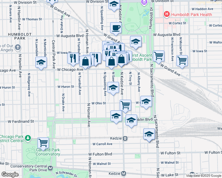 map of restaurants, bars, coffee shops, grocery stores, and more near 652 North Sawyer Avenue in Chicago