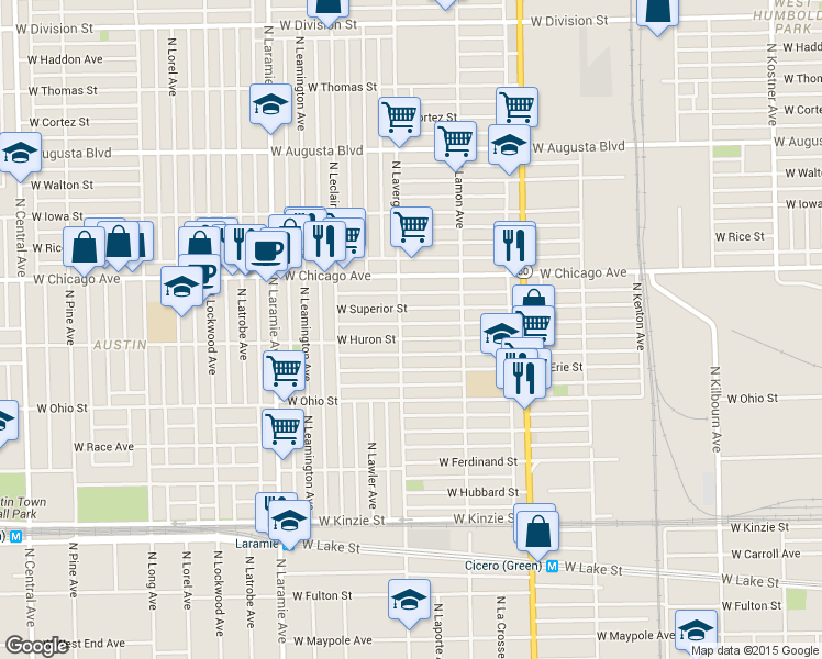 map of restaurants, bars, coffee shops, grocery stores, and more near 4940 West Huron Street in Chicago