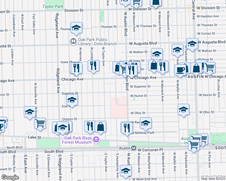map of restaurants, bars, coffee shops, grocery stores, and more near 405 North Humphrey Avenue in Oak Park