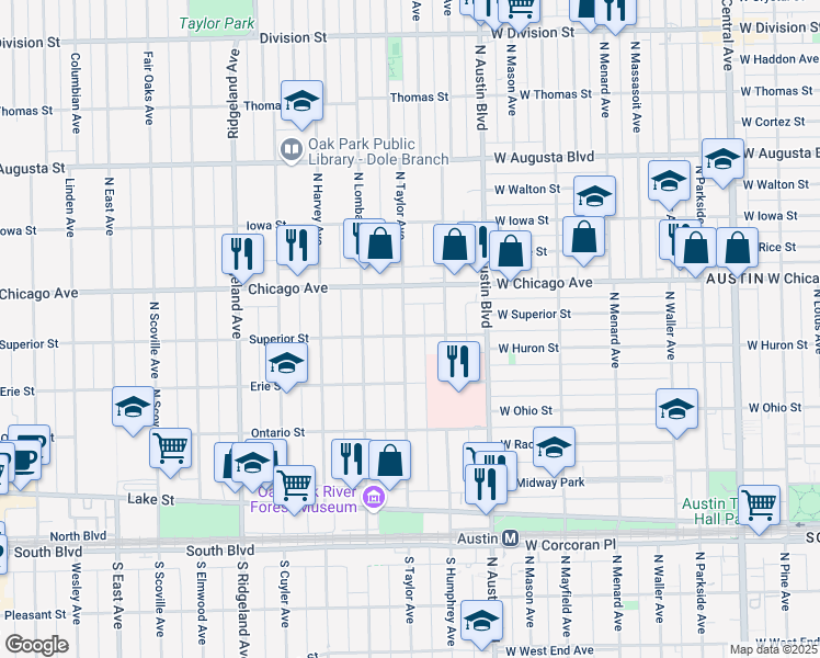 map of restaurants, bars, coffee shops, grocery stores, and more near 405 North Taylor Avenue in Oak Park