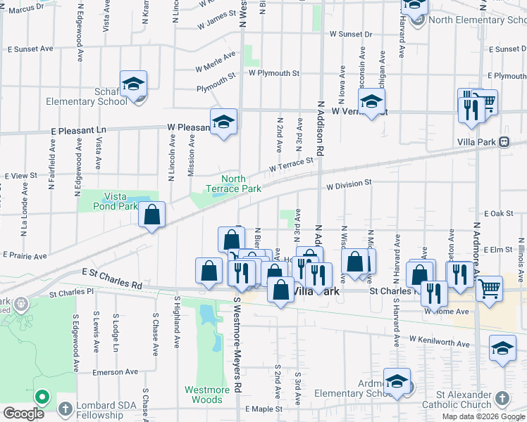 map of restaurants, bars, coffee shops, grocery stores, and more near 226 North 2nd Avenue in Villa Park