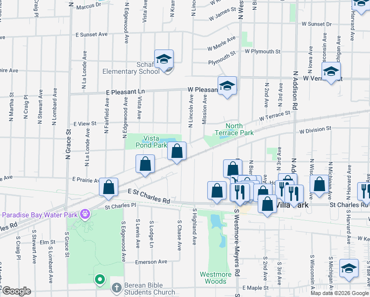 map of restaurants, bars, coffee shops, grocery stores, and more near 727 West Terrace Street in Villa Park