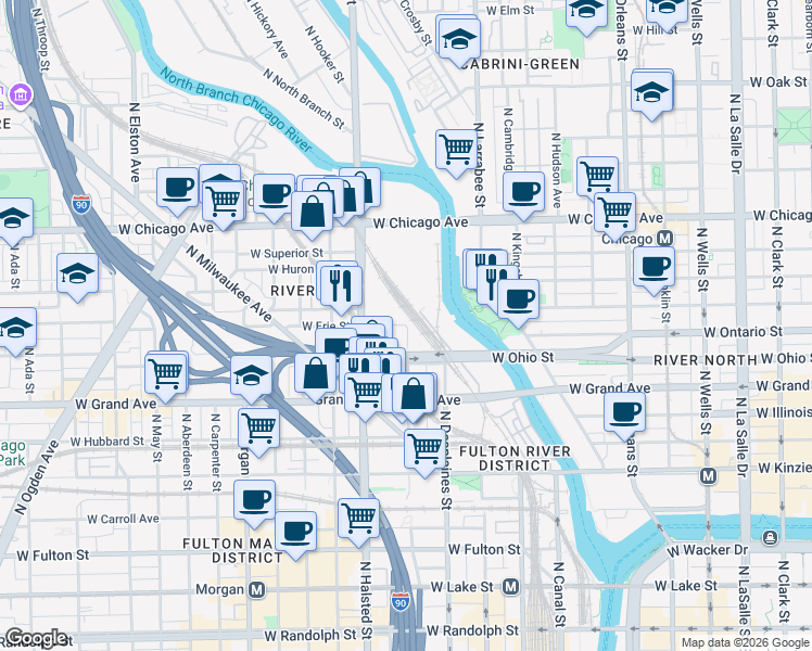 map of restaurants, bars, coffee shops, grocery stores, and more near 698 West Erie Street in Chicago