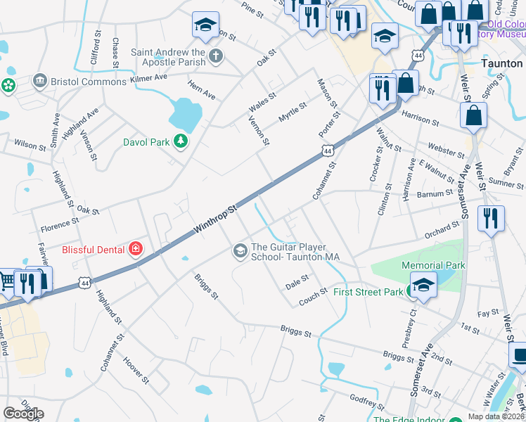 map of restaurants, bars, coffee shops, grocery stores, and more near 7 Brook Street in Taunton