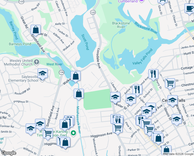 map of restaurants, bars, coffee shops, grocery stores, and more near 14 Conduit Street in Central Falls