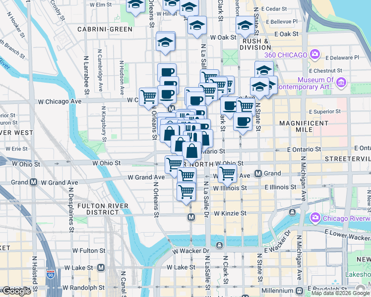 map of restaurants, bars, coffee shops, grocery stores, and more near 634 North Wells Street in Chicago