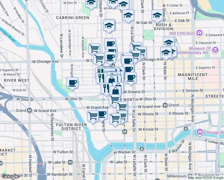 map of restaurants, bars, coffee shops, grocery stores, and more near in Chicago