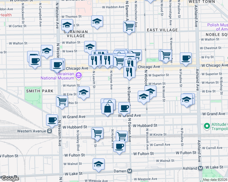 map of restaurants, bars, coffee shops, grocery stores, and more near 643 North Hoyne Avenue in Chicago