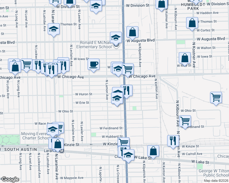 map of restaurants, bars, coffee shops, grocery stores, and more near 4830 West Huron Street in Chicago