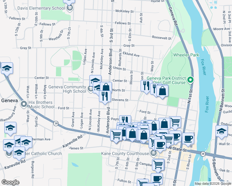map of restaurants, bars, coffee shops, grocery stores, and more near 428 Richards Street in Geneva
