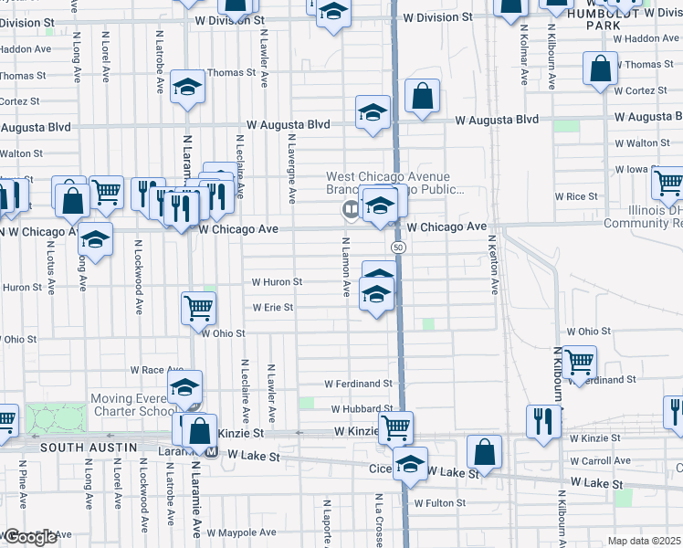 map of restaurants, bars, coffee shops, grocery stores, and more near 4904 W Huron St in Chicago