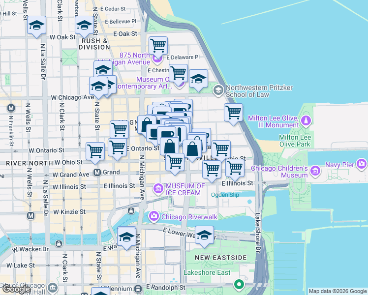 map of restaurants, bars, coffee shops, grocery stores, and more near 240 East Ontario Street in Chicago
