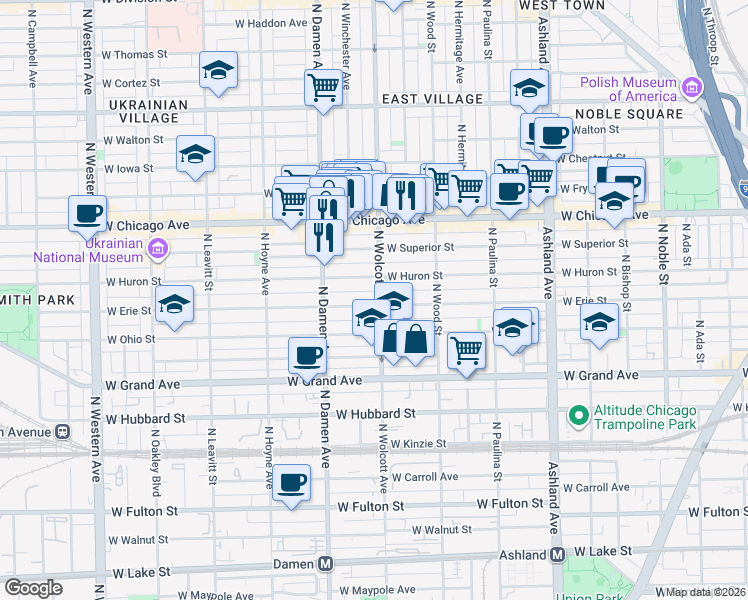 map of restaurants, bars, coffee shops, grocery stores, and more near 1910 West Erie Street in Chicago