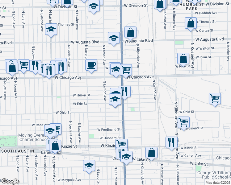 map of restaurants, bars, coffee shops, grocery stores, and more near 4830 West Huron Street in Chicago