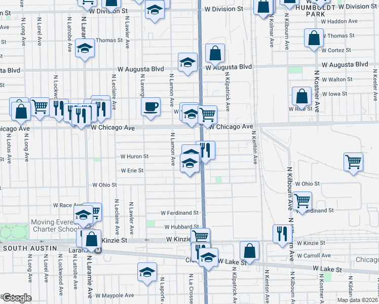 map of restaurants, bars, coffee shops, grocery stores, and more near 4830 West Huron Street in Chicago