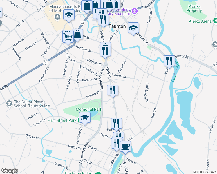 map of restaurants, bars, coffee shops, grocery stores, and more near 305 Weir Street in Taunton