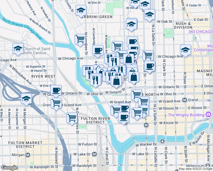 map of restaurants, bars, coffee shops, grocery stores, and more near 435 West Erie Street in Chicago