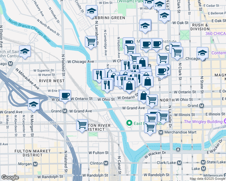 map of restaurants, bars, coffee shops, grocery stores, and more near 435 West Erie Street in Chicago