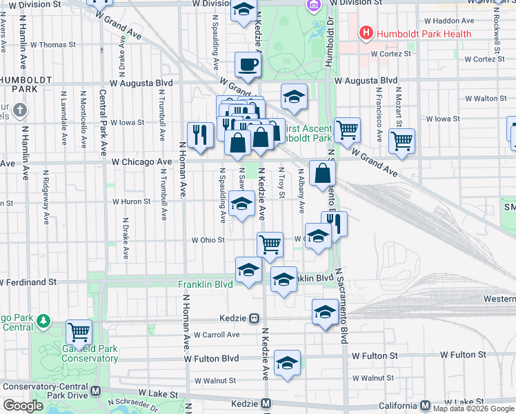 map of restaurants, bars, coffee shops, grocery stores, and more near 642 North Kedzie Avenue in Chicago