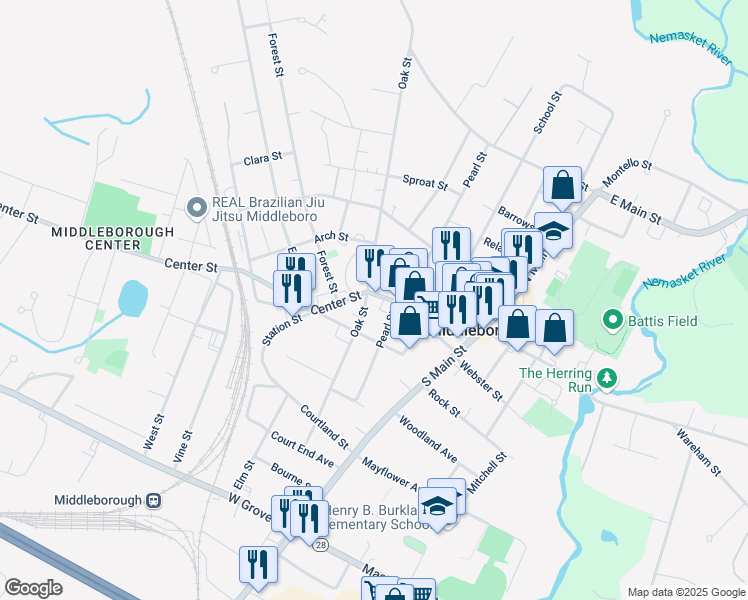 map of restaurants, bars, coffee shops, grocery stores, and more near 260 Center Street in Middleborough