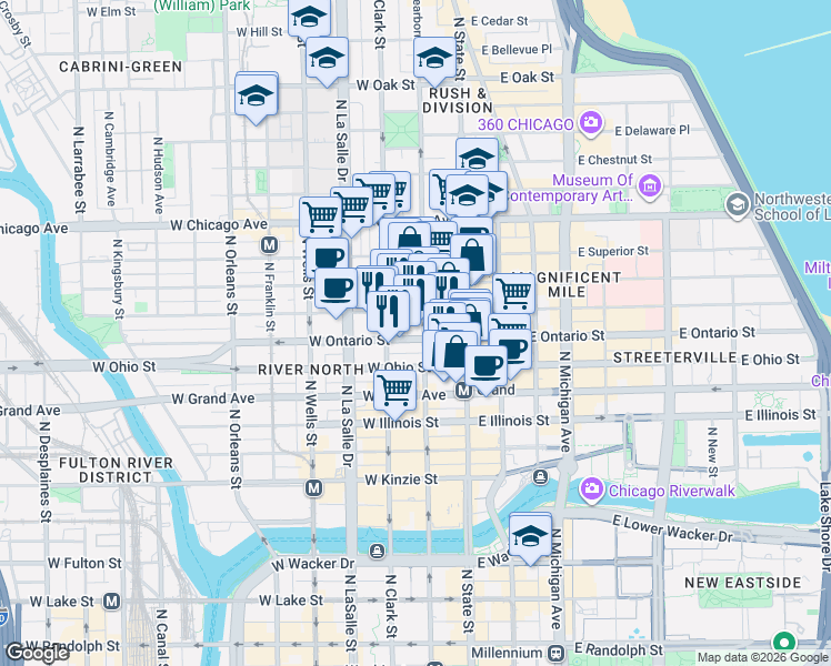 map of restaurants, bars, coffee shops, grocery stores, and more near 632 North Dearborn Street in Chicago