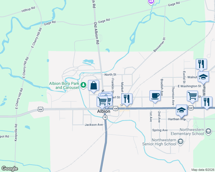 map of restaurants, bars, coffee shops, grocery stores, and more near 2-26 Washington Street in Albion